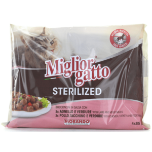 MIGLIOR GATTO STERILIZED BOCCONCINI CARNE 4 BUSTE DA 85 GRAMMI: 2 BUSTE POLLO TACCHINO E VERDURE - 2 BUSTE AGNELLO E VERDURE